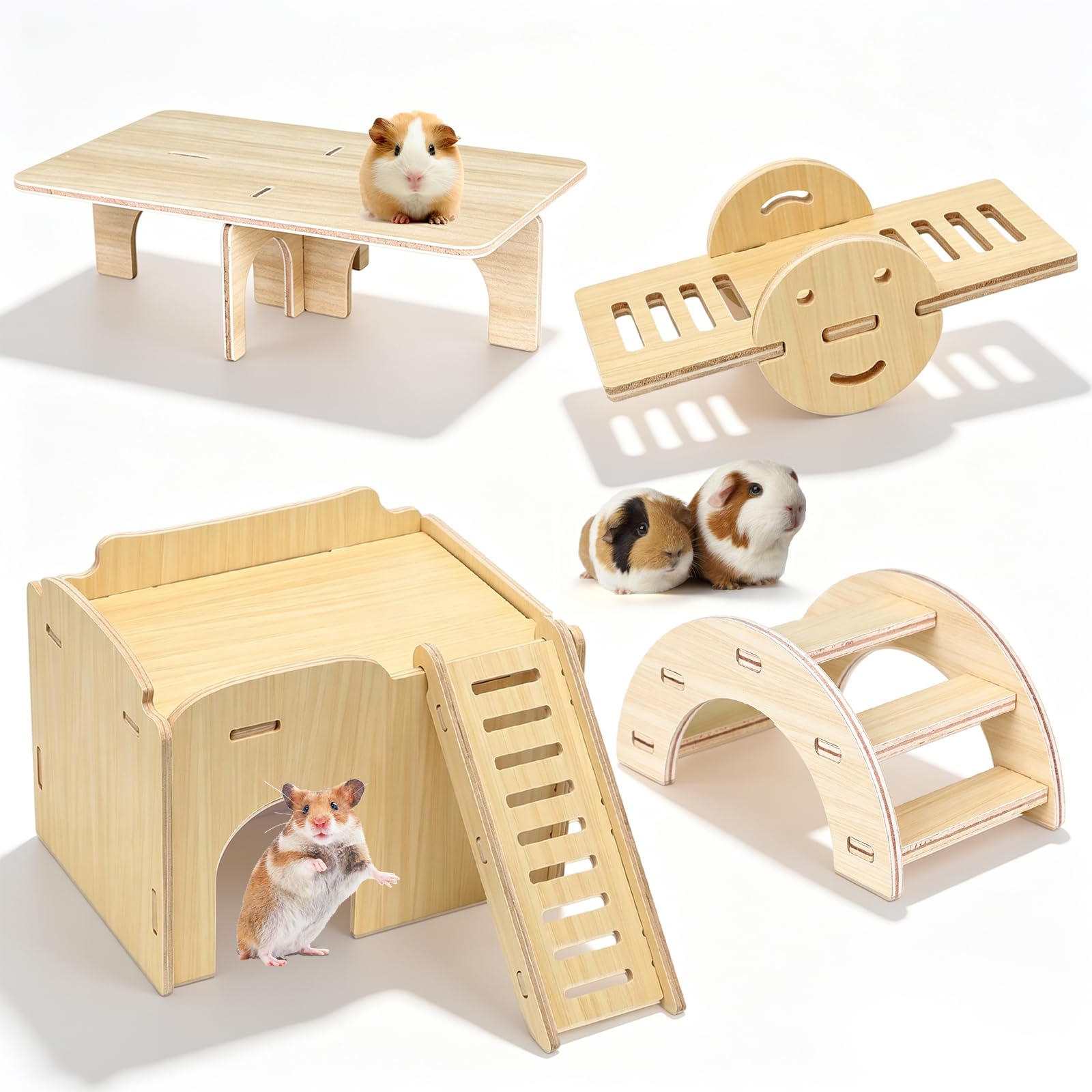 4 PCS Wooden Hamster House, Hamster Hideout House Toys with Bridge Platform and Seesaw Hamsters Cage Accessories for Chinchilla Guinea Pigs Gerbil Small Pets