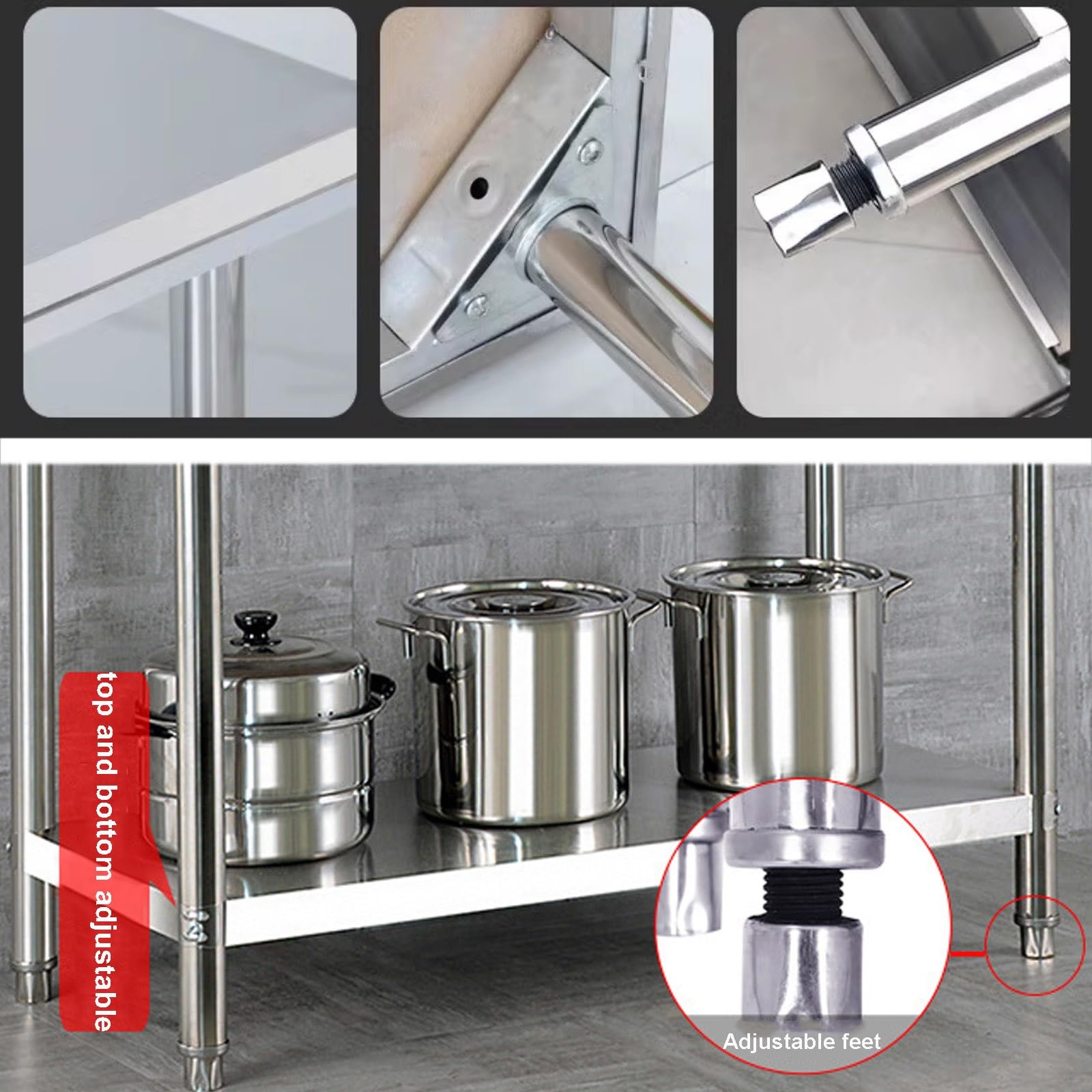 Tavolo da lavoro commerciale in acciaio inox con piedini regolabili e ripiano portaoggetti, postazione di lavoro multifunzionale da cucina per una facile installazione in casa e in fabbrica