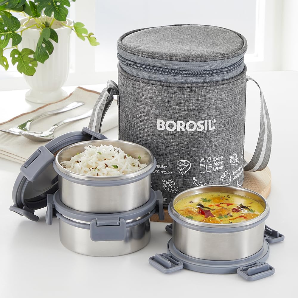 Borosil Slate Stainless Steel Lunch Box with Bag | 3 Pcs Round Container Set (280 ml Each) | Single Wall Lunch Box with Food Grade Steel | Leakproof & Dishwasher Safe | 1 Year Warranty | Grey (B0D5R85WXF) Amazon Price History, Amazon Price Tracker