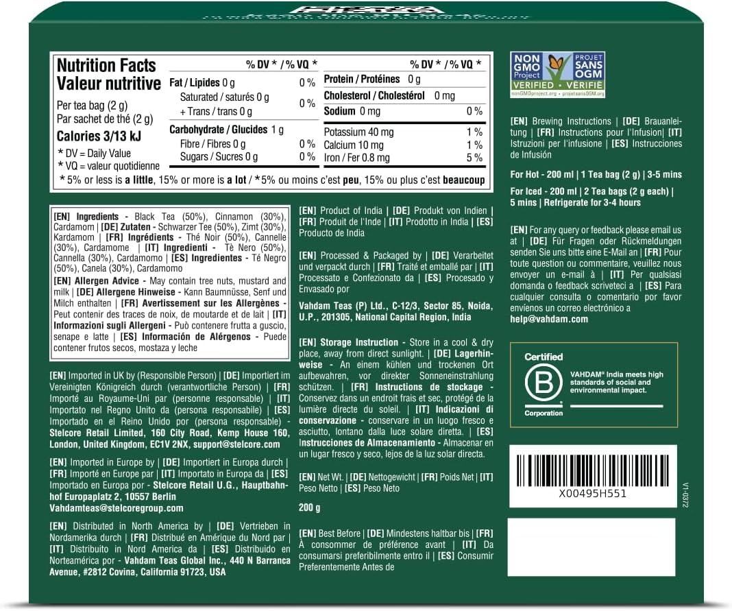 VAHDAM Té Chai de Canela Dulce | 100 Bolsitas Piramidales | Mezcla de Té Negro Assam con Canela y Cardamomo | Sabor Chai Especiado | Sellado al Vacío para Frescura