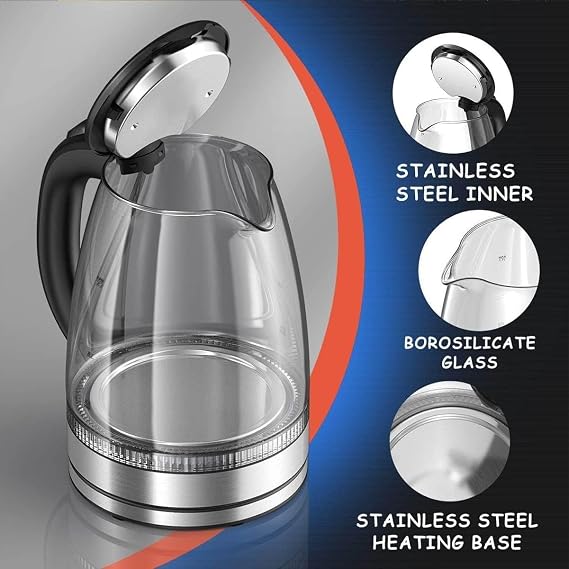 Kitchen Kettles, Glass Kettle With Stainless Steel Filter, Inner Lid And Bottom, 1550w 1.7 L, Fast And Quiet Boil, Auto Shutoff And Boildry Protection, Cordless, Black, 15 * 15 * 23Cm