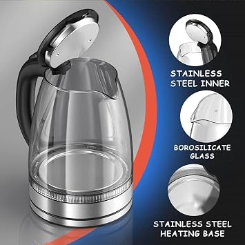 Kitchen Kettles, Glass Kettle With Stainless Steel Filter, Inner Lid And Bottom, 1550w 1.7 L, Fast And Quiet Boil, Auto Shutoff And Boildry Protection, Cordless, Black, 15 * 15 * 23Cm