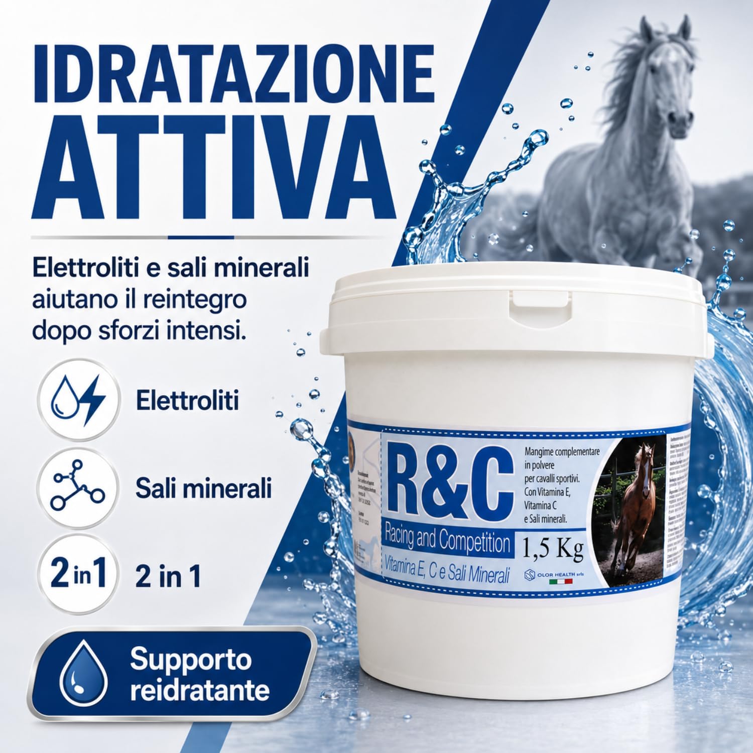 R&C Elettroliti Polvere 1,5Kg - Mangime Complementare per Cavalli Sportivi | Vitamina E, C e Sali Minerali - Ideale Pre Gara e Sforzi Intensi - 2 Prodotti in 1 per Idratazione - OLOR HEALTH