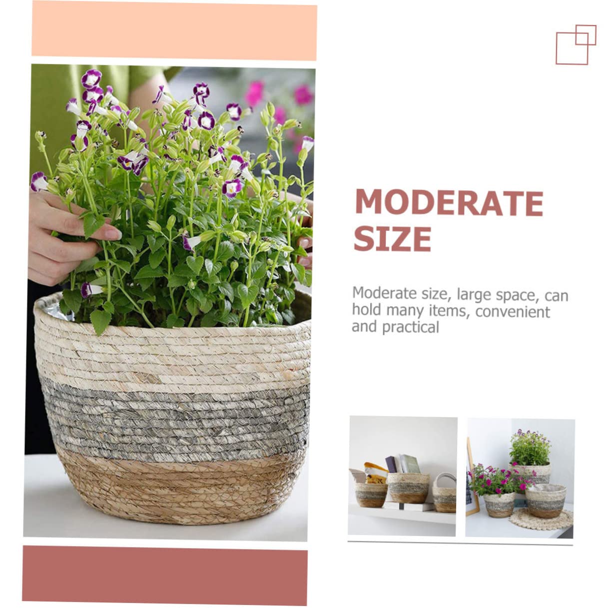 Lot De 2 Paniers De Fleurs Tressés XL Gris, Pots De Jardin en Paille Naturelle, Décor Rustique pour Intérieur Et Extérieur, Paniers Multifonctions Légers Et Décoratifs