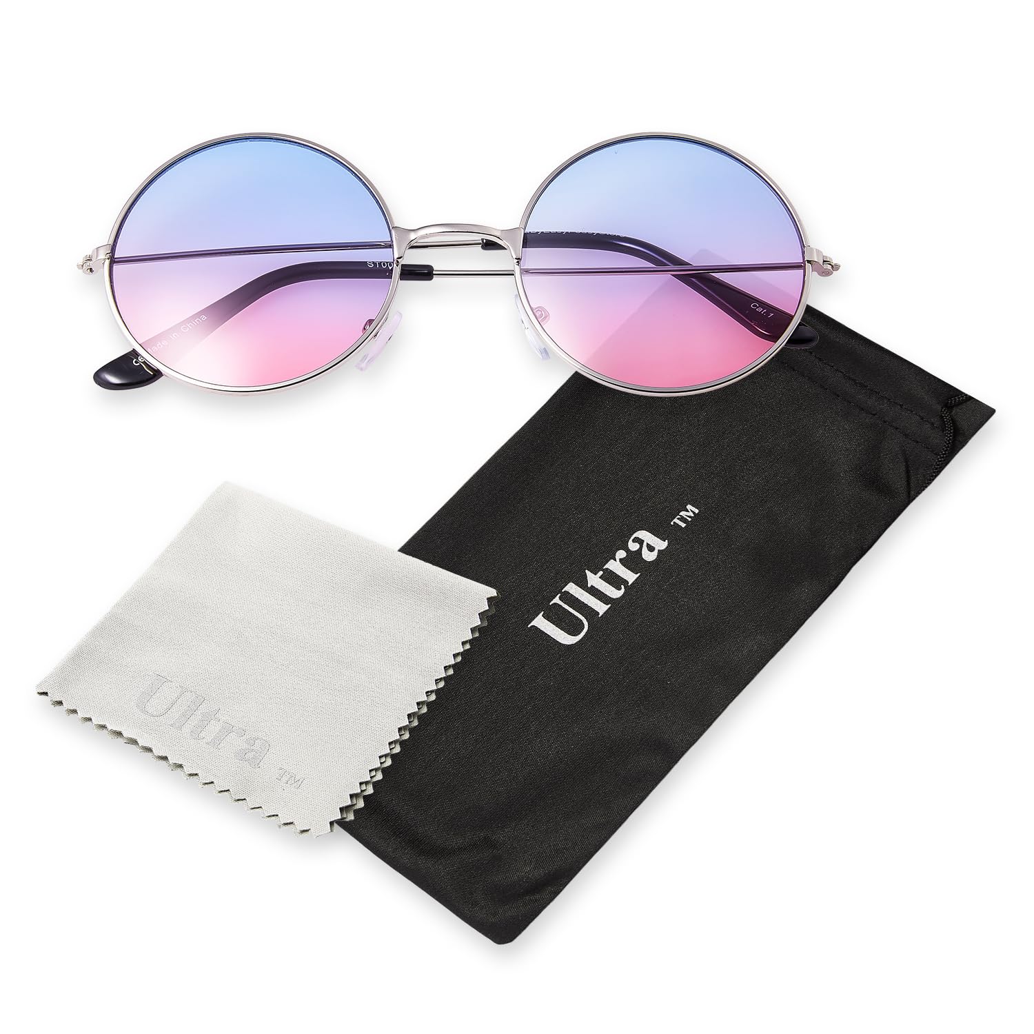 Ultra Large Round Retro Sunglasses UV400 - Large Circle Unisex Metal Frame with Spring Hinges, Carry Pouch & Cleaning Cloth Mens Womens Shades - Blue to Pink Lenses