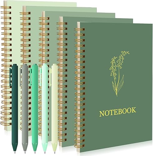 Gueevin 5 cuadernos en espiral con 5 bolígrafos A5, lindo cuaderno de rayas universitarias de 160 páginas80 cuadernos estéticos para trabajo,