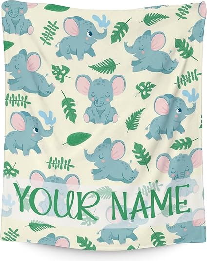 Personalized Elephant Blanket Gifts with Name - 40"x50" Cute Throw for Women Girls - Green Soft Fuzzy Blankets for Bed, Couch & Living Room