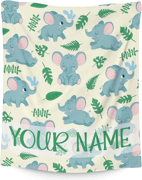 Personalized Elephant Blanket Gifts with Name - 40"x50" Cute Throw for Women Girls - Green Soft Fuzzy Blankets for Bed, Couch & Living Room