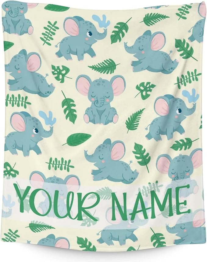 Personalized Elephant Blanket Gifts with Name - 40"x50" Cute Throw for Women Girls - Green Soft Fuzzy Blankets for Bed, Couch & Living Room