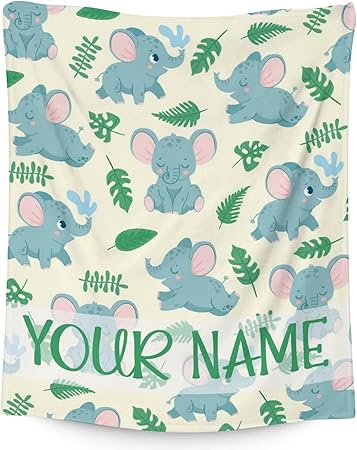 Personalized Elephant Blanket Gifts with Name - 40"x50" Cute Throw for Women Girls - Green Soft Fuzzy Blankets for Bed, Couch & Living Room