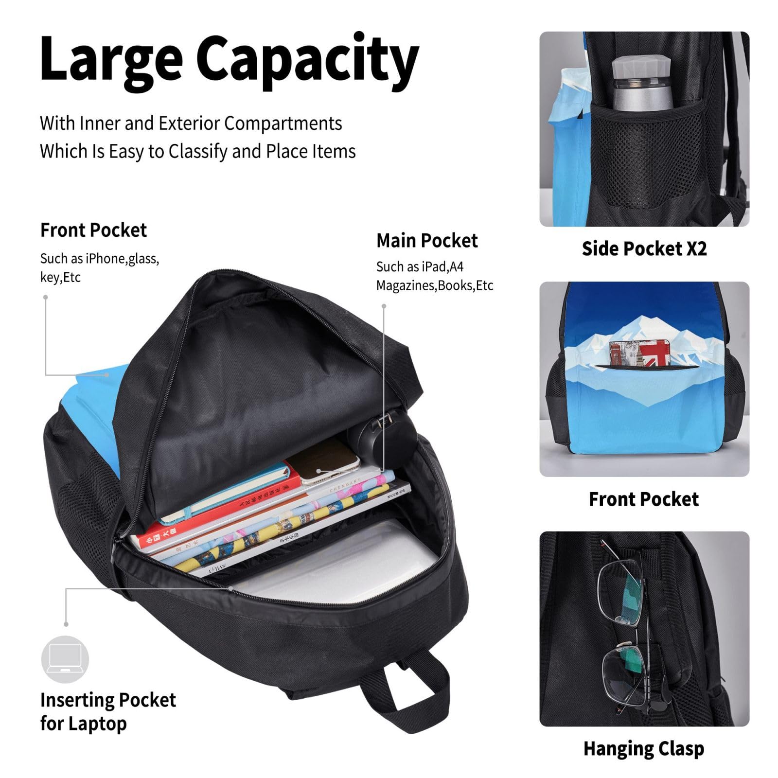 Mountain Layer - Juego de bolsa de almuerzo azul 3 en 1, bolsa de viaje para viajeros, bolsa de almuerzo aislada para el trabajo con funda para laptop
