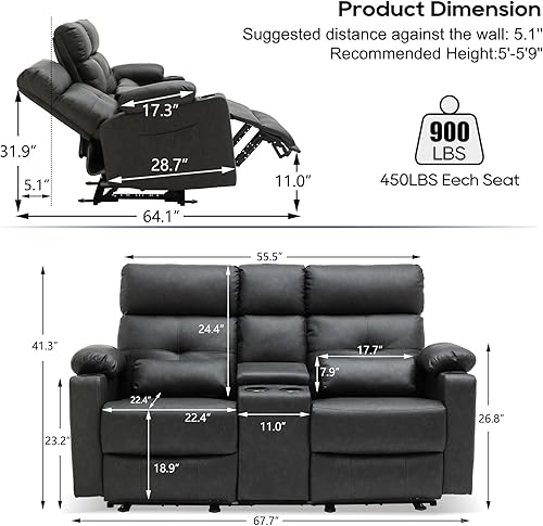 Miniatura 2 de Sofá biplaza reclinable eléctrico para autocaravana de 68 pulgadas con consola Sofá reclinable RV con calor y masaje Sofá reclinable doble