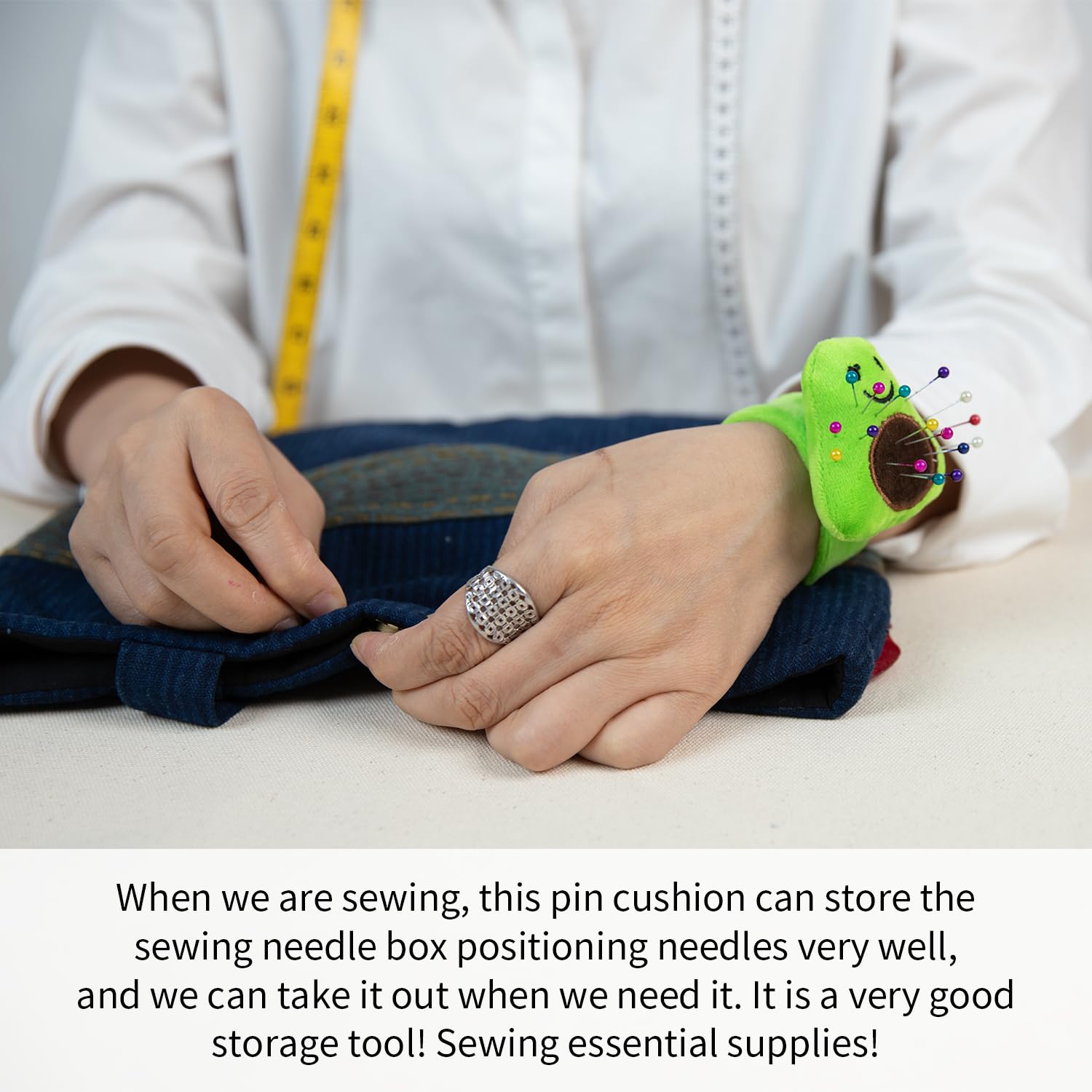 Avocado Wrist Pin Cushion for Sewing Snap Bracelet Wrist Bands Pincushion Organizer for Pins and Needles Include 80 Pearl Ballhead Pins and 18 Sewing Needles - Image 2