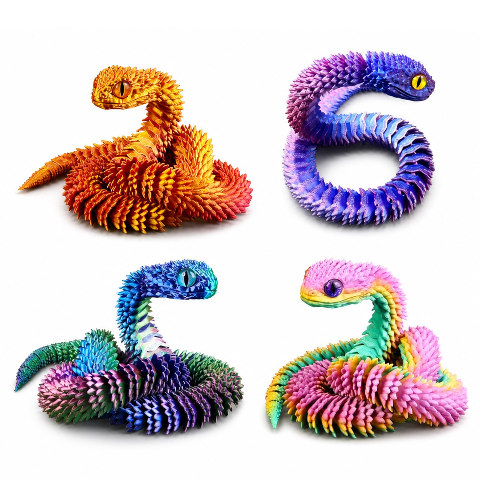 MAUDFEK 4 PCS 3D Printed Snake, Desktop Ornament with Red Gold, Red Blue and Rainbow Colour Variants, Decorative Display for Home and Office, Educational Prop for Nature Enthusiasts