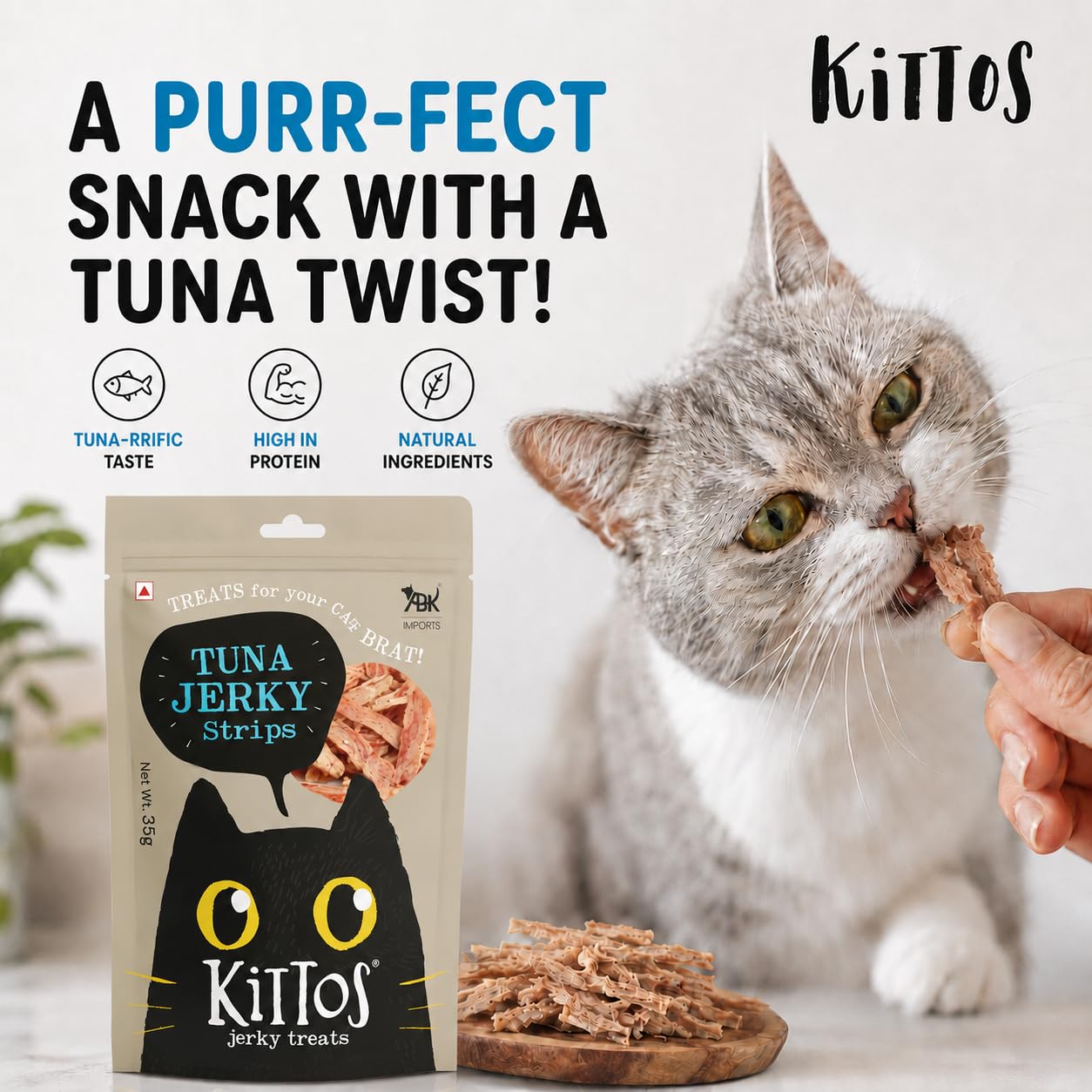 Kittos Tuna Jerky Strips Cat Treats, High Protein Cat Snacks for Training & Rewards, Healthy Tuna Cat Treats for All Life Stages, Soft Chewy Cat Food Treats, Highly Digestible 35g Pack of 2 2