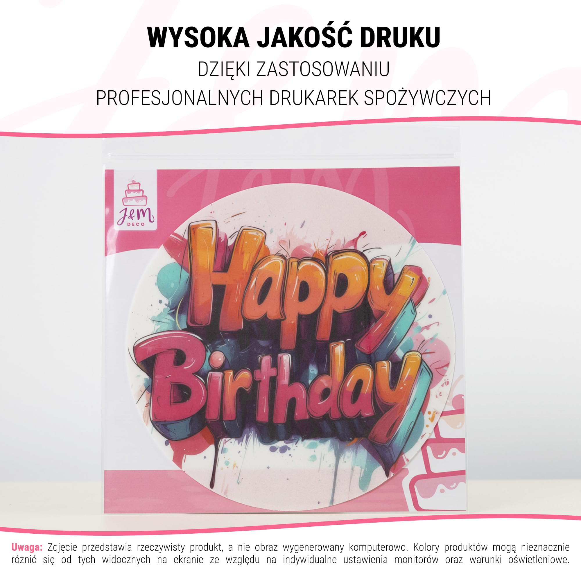 J&M DECO Opłatek na tort Happy Birthday Ø20 cm – jadalna dekoracja urodzinowa z napisem – topper urodzinowy dla dzieci i dorosłych – bezglutenowy i wegański