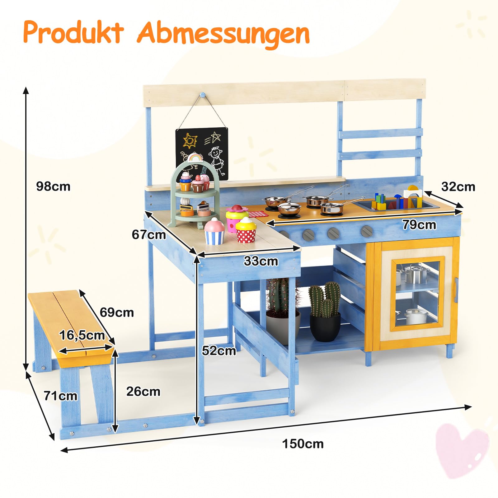 COSTWAY Matschküche mit Picknicktisch & Bank, Kinderküche Tannenholz mit Dessertzubehör Küchengeschirr und Tafel, Spielküche Outdoor Küche für Kinder ab 3 Jahren (Hellblau)
