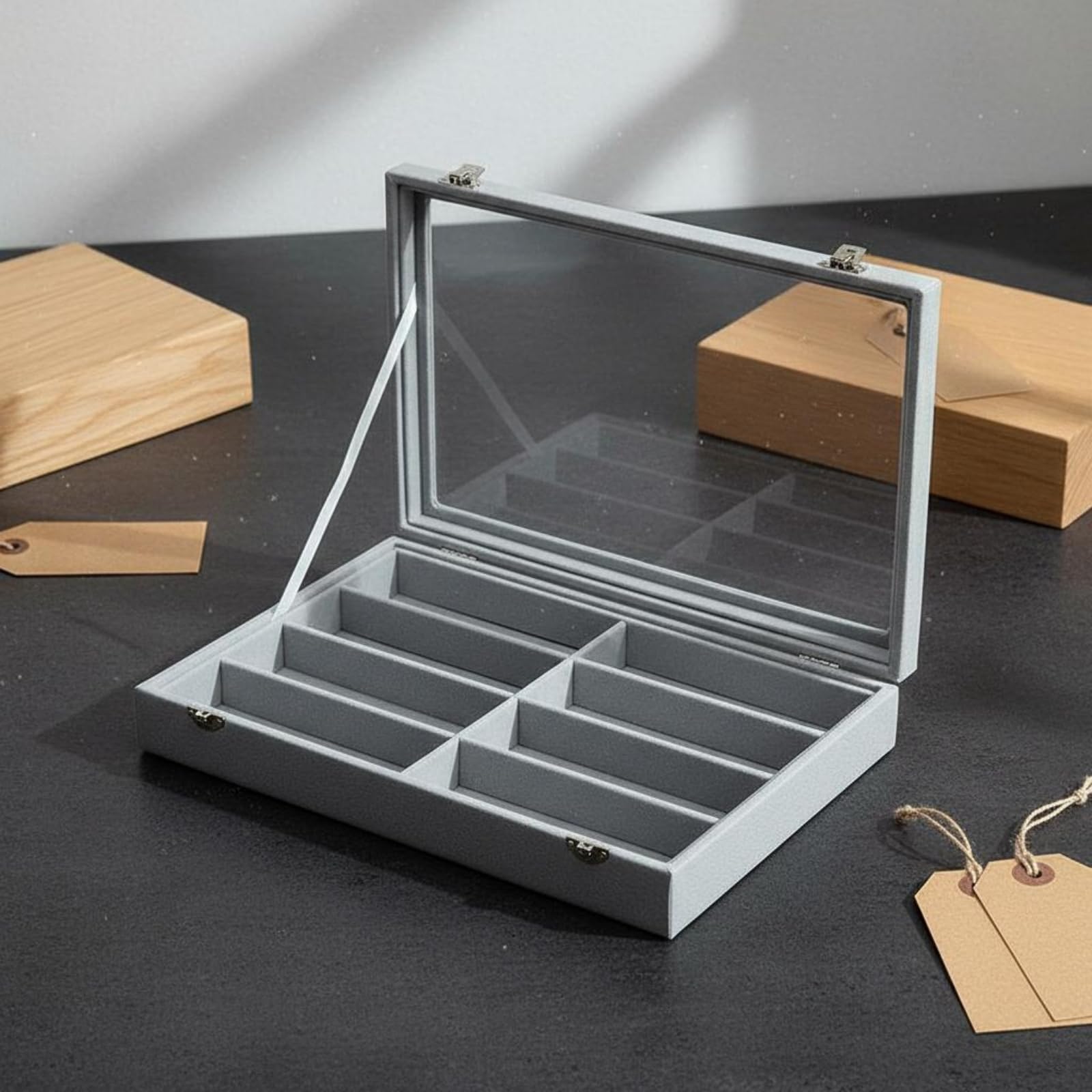Brillenkoffer mit Deckel Sichtfenster 8-Fächer Brillenkoffer Kratzschutz Sonnenbrillen-Box für Sonnenbrillenträger, Schwarz, Schwarz Mit Grauem Innenraum