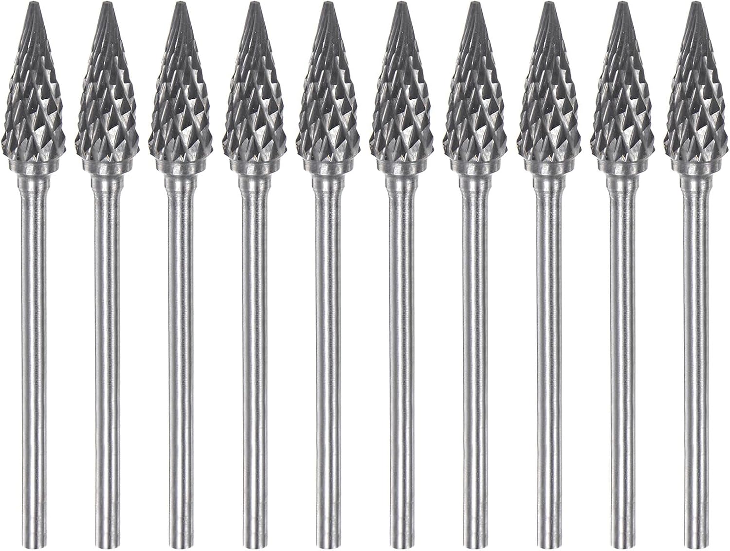 HARFINGTON 10pcs Carbide Rotary Burrs 3/32" (2.35mm) Shank 1/4" (6mm) Head Double Cut 60 Degree Cone M Shape Die Grinder Bits Rasp Files for Metal Wood Plastic Polishing Engraving