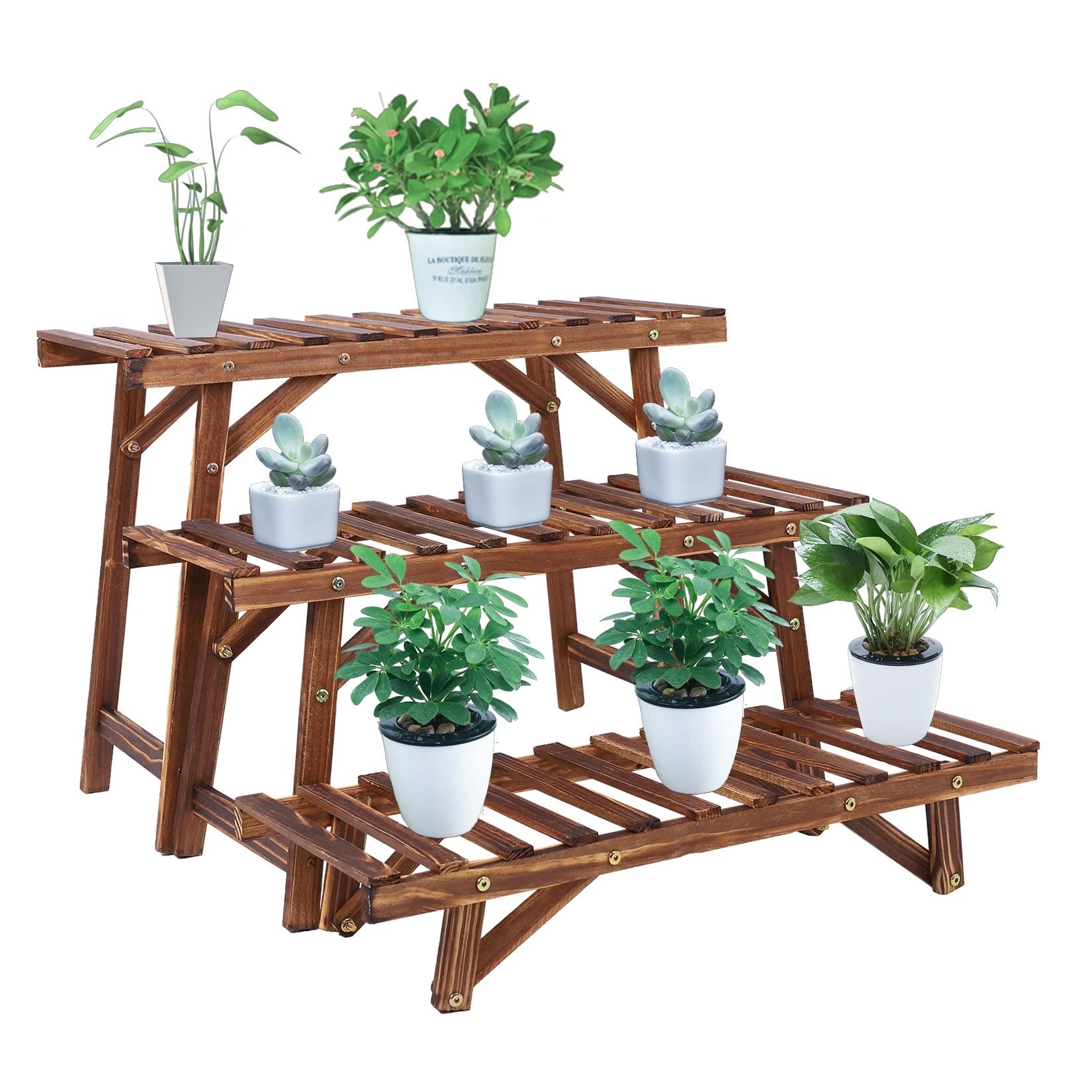 Support de fleurs à 3 niveaux autonome en bois pour plantes d'intérieur et d'extérieur