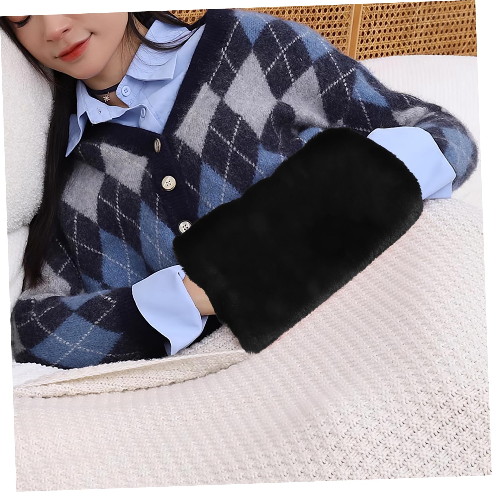 ibasenice Manguito Más Cálido Guantes Felpa Cálida De Invierno Conejo para Pelo Negro Calienta Chicas Conduciendo Bolsa De Punto Térmico Forrado Las Manos Felpa Corta Black