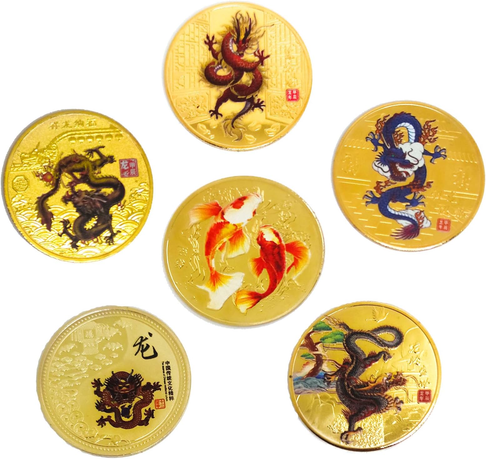 6PCS Good Luck Coins Asian Ancient Mythical Creatures 5Loongs and The Koi Fish Lucky Coin Sets Lottery Ticket Scratcher Tool Novelty Coins for Office Fortune Collection Gifts