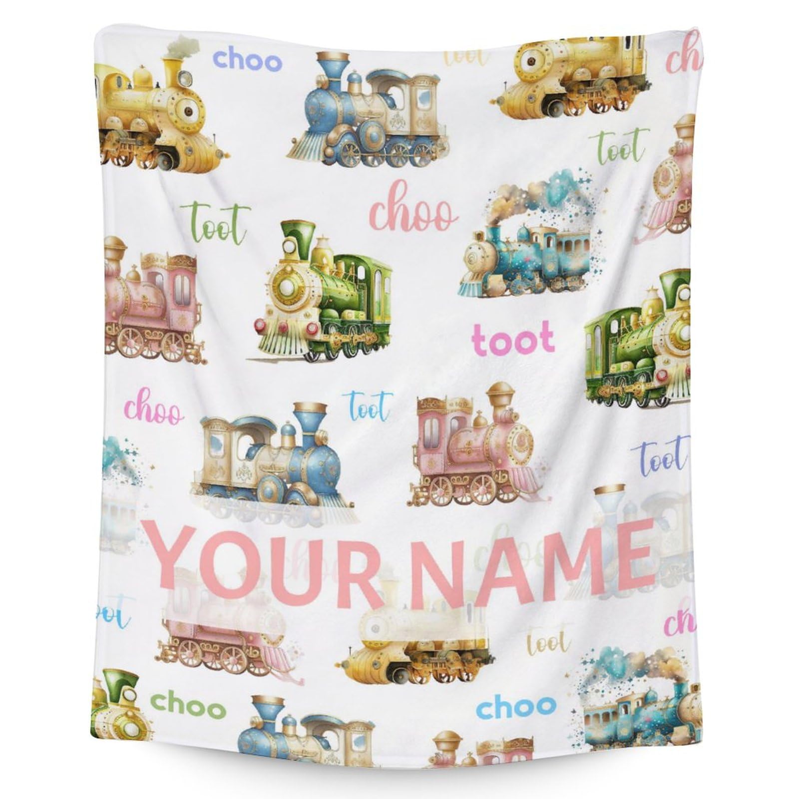 Custom Train Blanket for Boys - 40x50 Inches Crib Size - Soft Fuzzy Warm Throws Gifts - White Cute Throw Blanket for Couch, Sofa