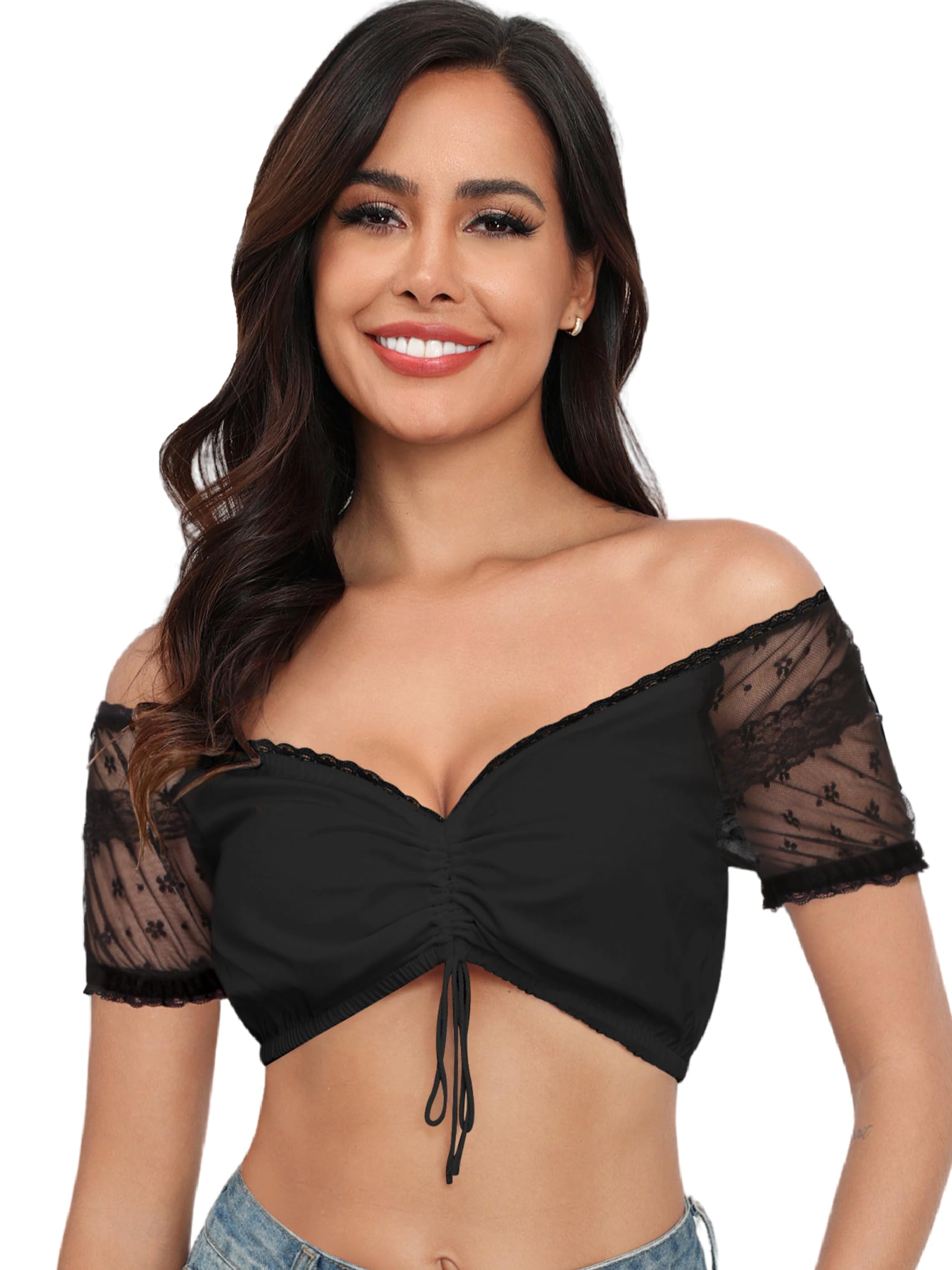 ZEAGOO Dirndl Bluse Damen Spitze Dirndlbluse Weiß V Ausschnitt Kurzarm Schulterfrei Blusen Elegante Dirndlblusen Trachtenblusen für Oktoberfest