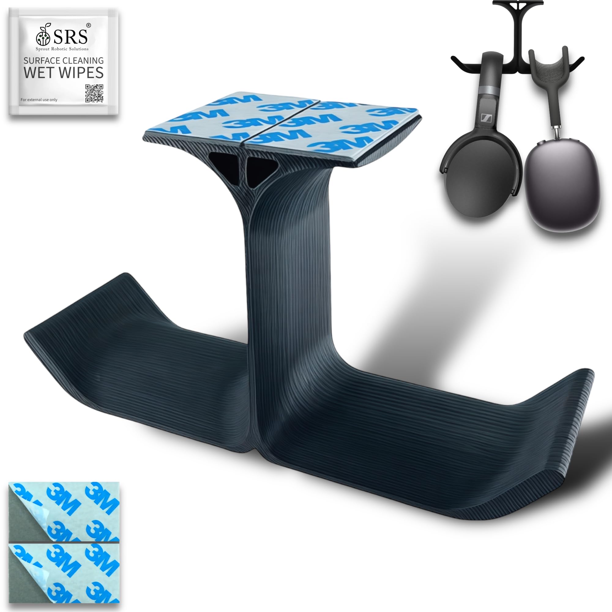 SRS® Dual Headphone Stand Holder Under Desk Hook Hanger with Cable Organizer Storage Options for All Professional | Corporate | Gaming Headsets & PC Accessories Stick-ON Adhesive (Pack of 1, Black)