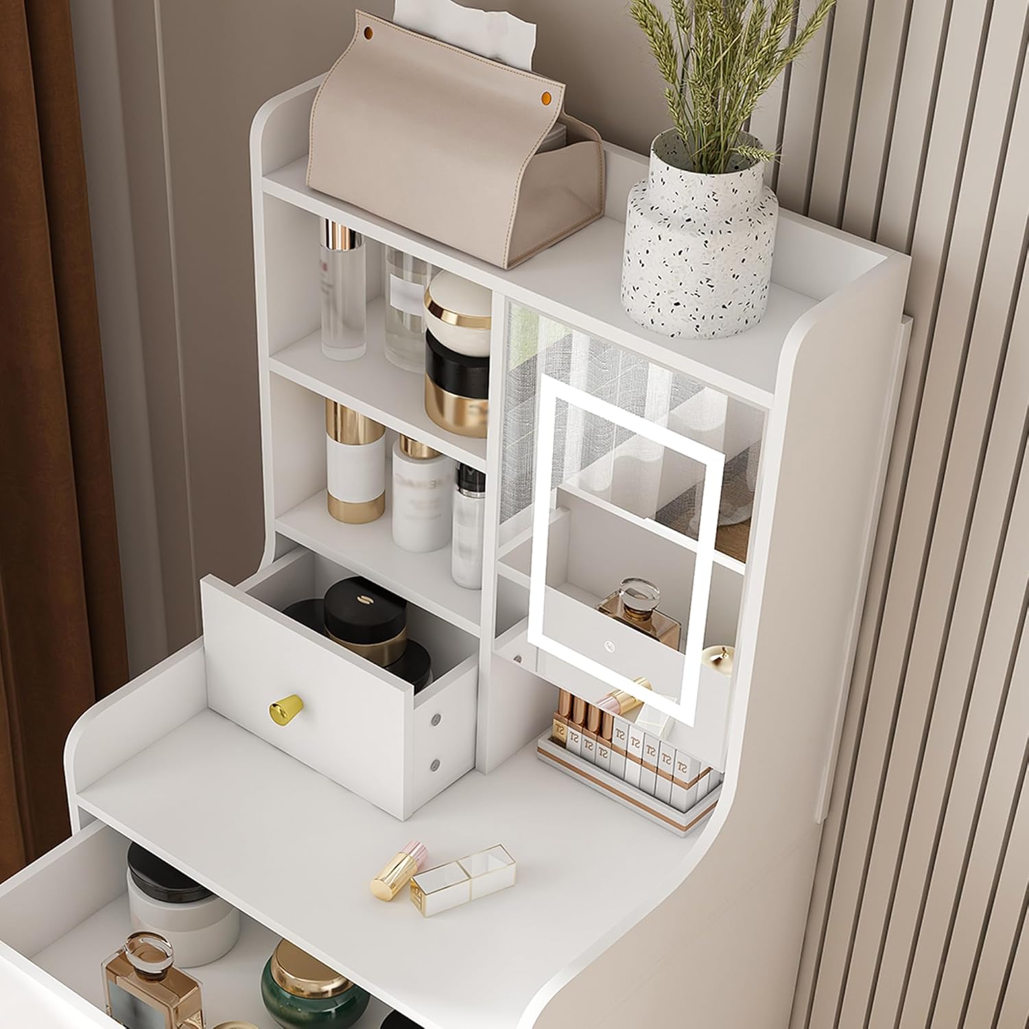 3-in-1 Dressing Table with LED Mirror & Storage Stool - Compact Makeup Vanity 4 Drawers, Cabinet Hidden Stool, White Density Board Design, Open Bookshelf for Bedroom Organization