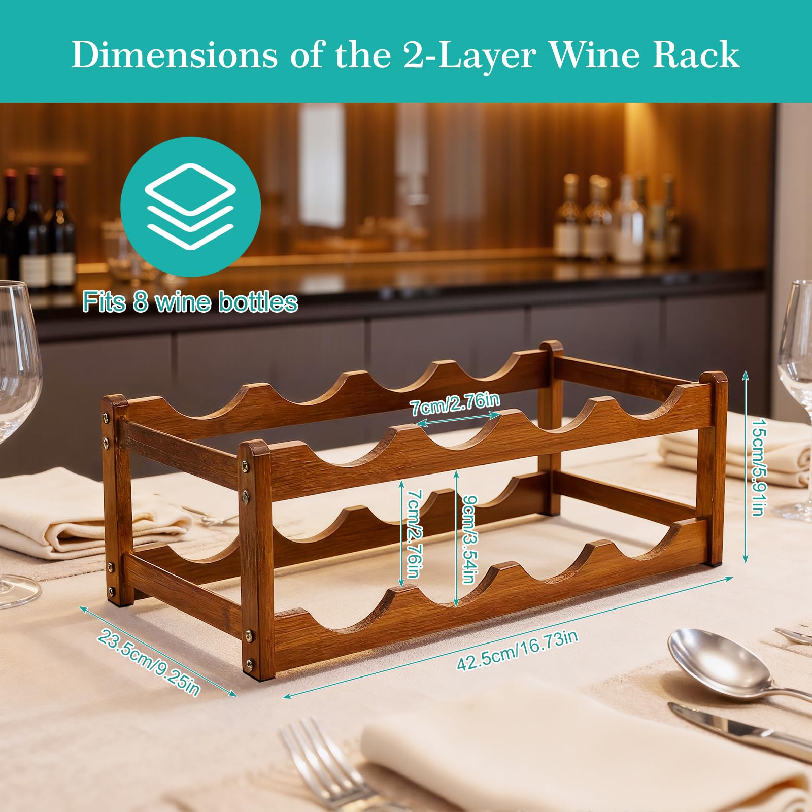 Fentar Botellero Vino para 8 Botellas, Botellero Apilable de 2 Niveles, Botelleros Madera Estable, Botelleros Madera Estrechos para Cocina Bar Cellar (43 x 23,5 x 15cm) - 3