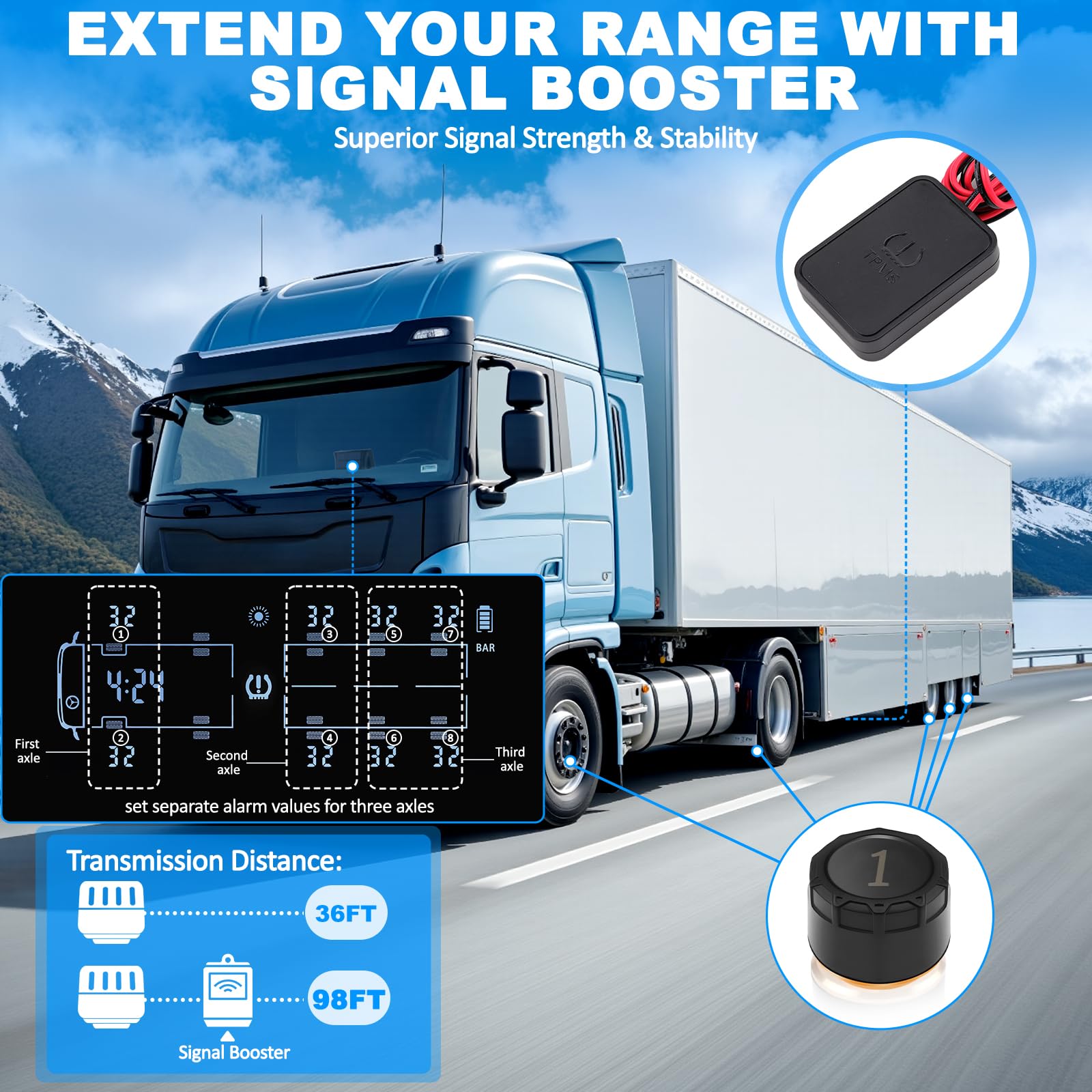 TPMS Solar Sistema de Control de Presión de Neumáticos con 8 Sensor de Externos con Repetidor para LKW Van Camion, Aviso de Presión de Neumáticos, 13Bar/188PSI