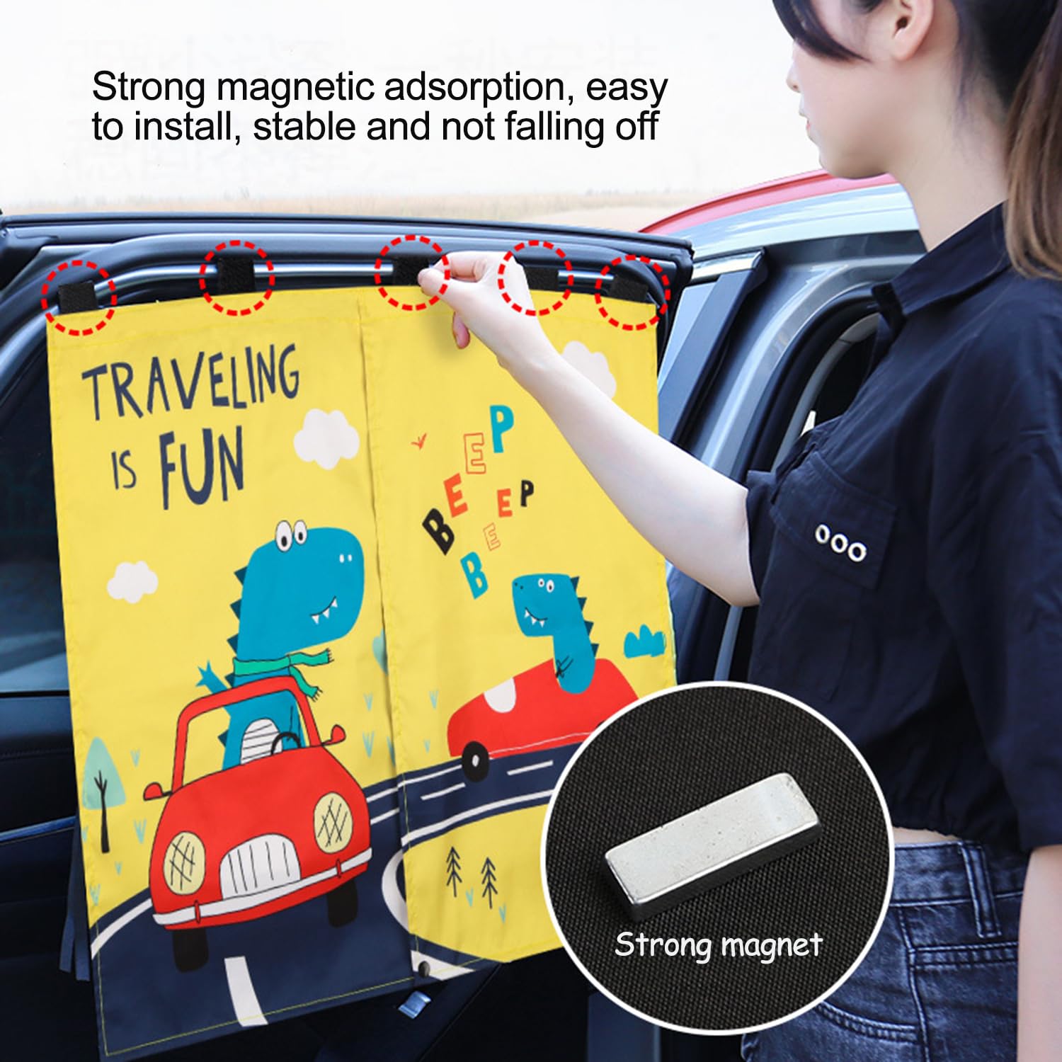 Kwak's Magnet Sun Shade Curtain for Car Side Window,Cartoon Double-Layer Car Window Shades for Privacy Protection and Sunshade (Dinosaur Yellow)