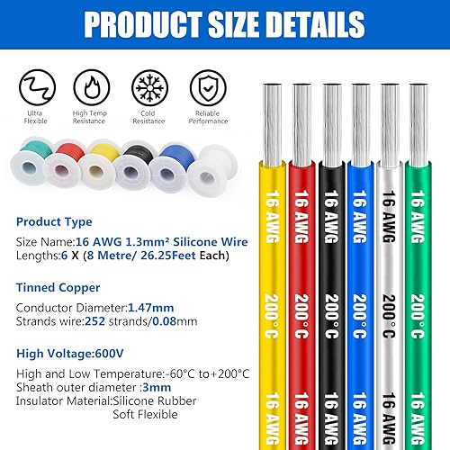 Vista 41 de Cable eléctrico de silicona calibre 22 Cable-HuLuWa 22 AWG Kit de cables de conexión de 6 colores (26.25 pies cada uno) alambre de cobre estañado