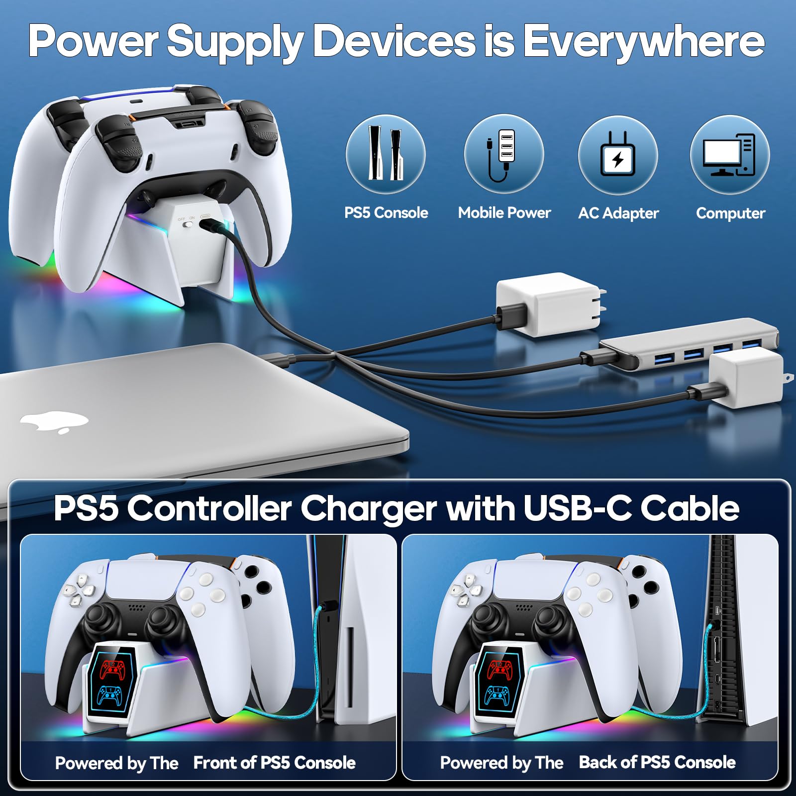Caricatore per PS5 Controller con Cavo, Base di Ricarica per P5 e P5 Edge, 2,5H Riarica per PS5 Controller Compatibile con PS 5 Edge, Kit Accessori per Playstation 5 Console, Bianco