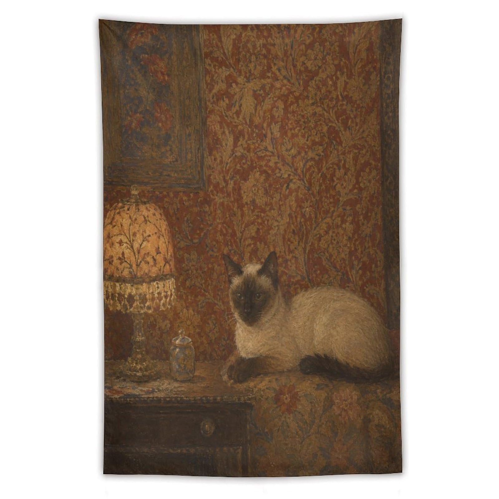 Siamese Cat by Lamp Wall Tapestry, Realistic Illustration, Entryway