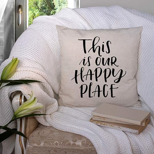 Miniatura 3 de SSOIU This is Our Happy Place Quotes - Funda de almohada de lino y algodón, funda de cojín decorativa para oficina en casa, cuadrada, 18 pulgadas
