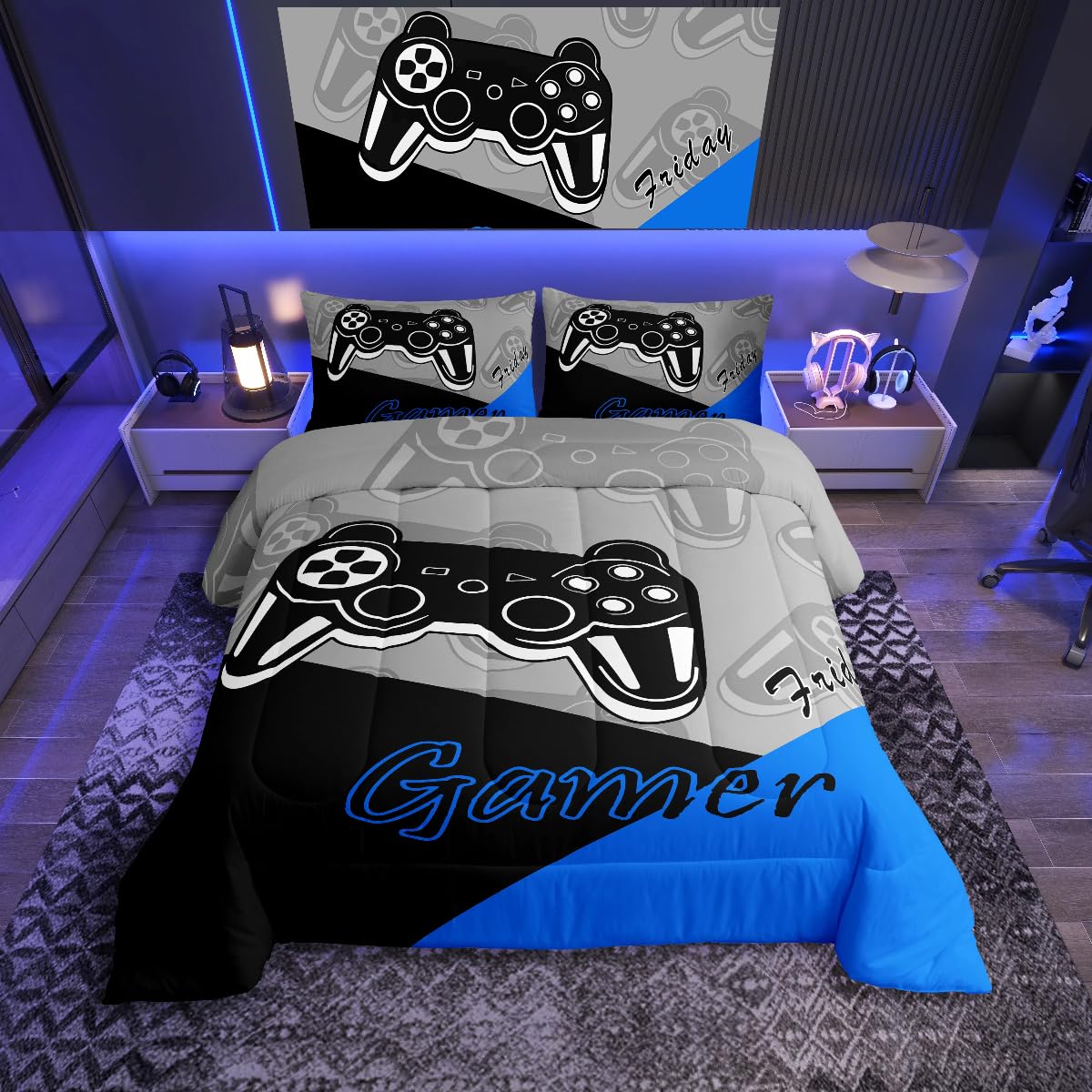 Gaming Comforter for Boys Teen Video Game Bedding Set for Kids Gamer Comforter for All Season Gamepad Home Decor for Comforter Set King,1 Comforter with 2 Pillowcase Blue Black Grey