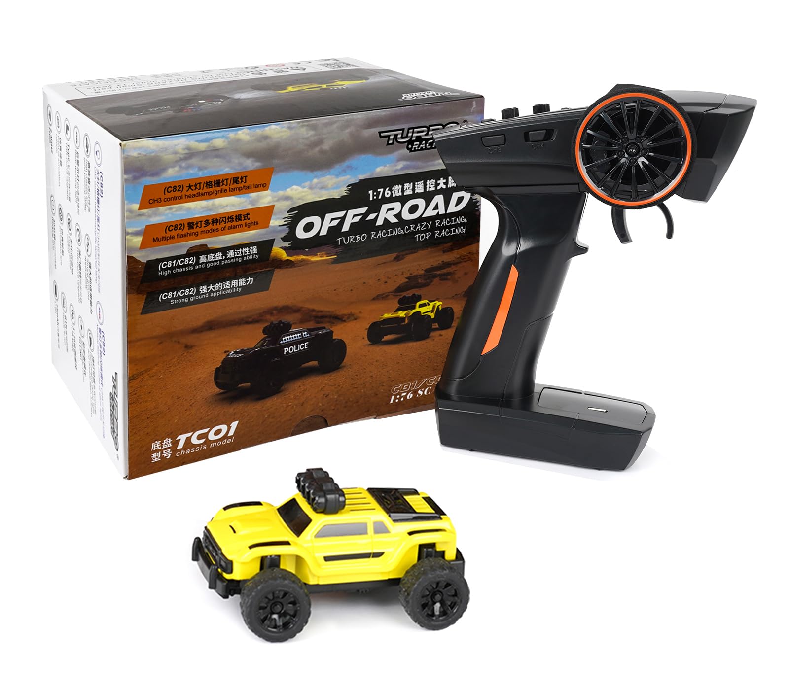 Turbo Racing 1:76 Scale RC Sport Car, Table Racing 2.4GHZ Remote Control Mini Model Crawler Car with Full Proportional RTR for Adults Toys (Monster Truck Yellow C81)