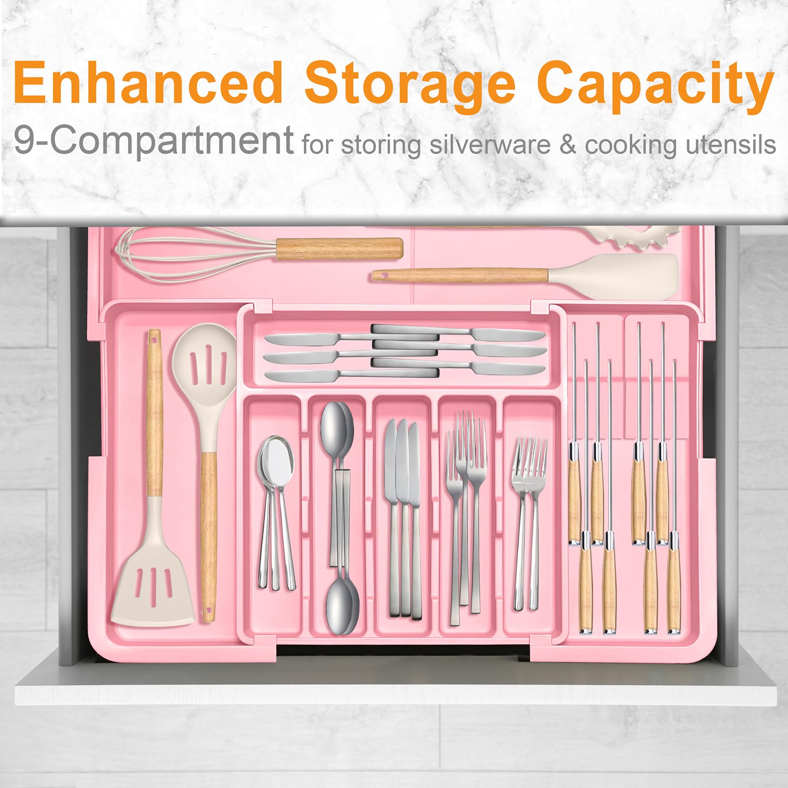 Homecor Silverware Organizer – Grande organizer espandibile per cassetti da cucina con 2 inserti per ceppi coltelli, vassoio portaposate da 55,9 x 48,9 cm, con divisori per cassetti, per posate da
