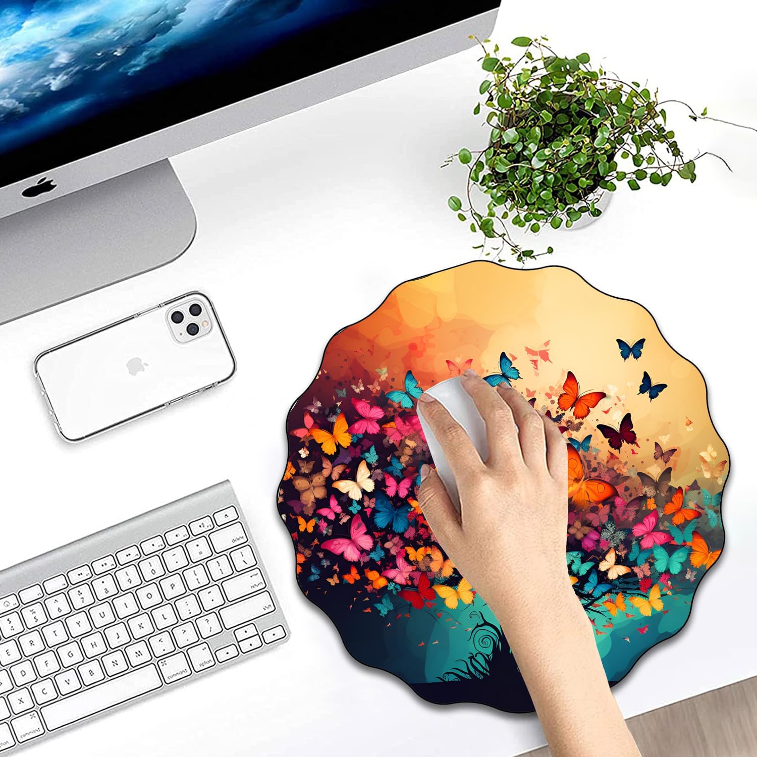 Stylish Lace-Shaped Mousepad and Coaster Set Design, 7.9x7.9 inch Non-Slip Rubber Base Mousepad,Suitable for Laptop, Games, Office and Home, Colorful Tree Butterfly image 2