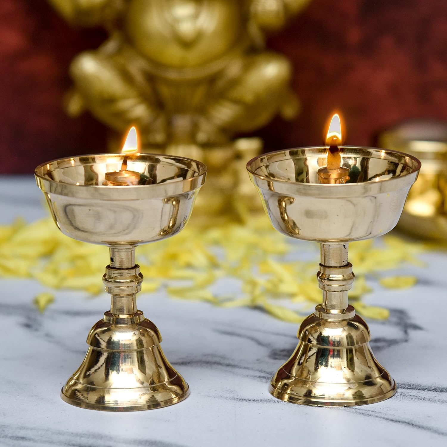 World of Deals Pure Brass Akhand Jyothi Diya | Pyali Stand | Nanda Table Diya, 3.2 inches Big , Brass Diya for Diwali Festival Pooja , Pack of 2 pcs