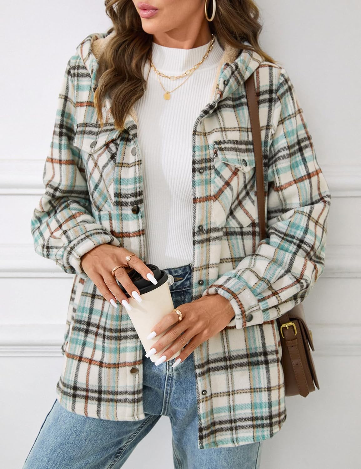 Women’s Plaid Flannel Shacket Jacket Sherpa Lined Fleece Button Up Hooded Coat Fall Winter Oversized Warm Jacket with Pockets - Image 4