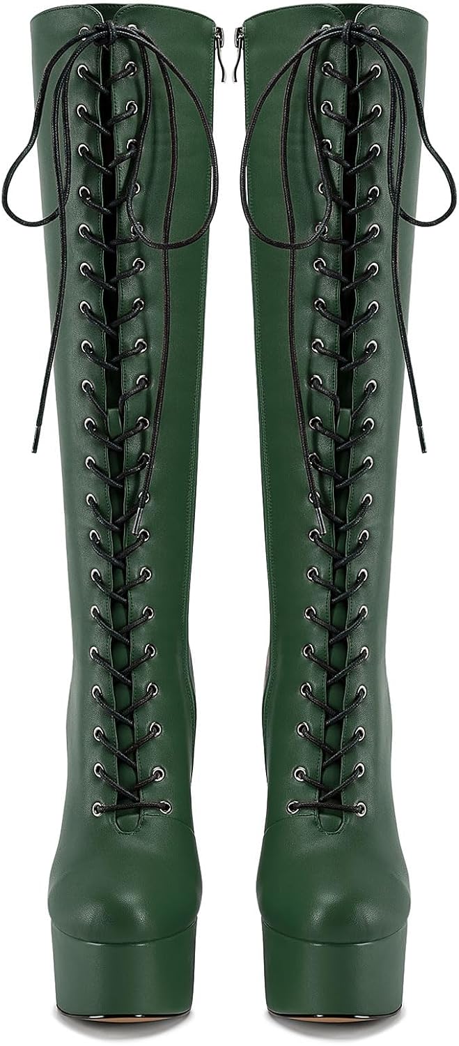 Castamere Womens High Heel Platform Lace Up Boots Chunky Heel Mid-Calf Boot with Zipper Round Toe 6 Inch Heels