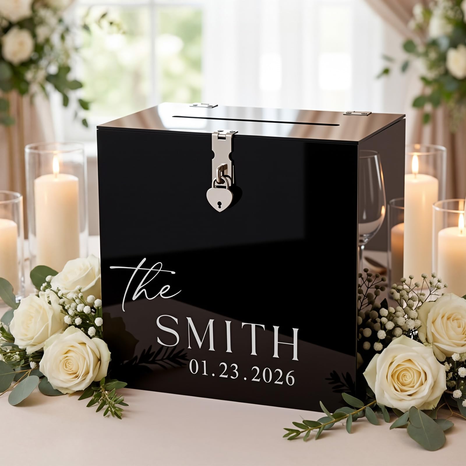 Novabright 25,4 cm große Hochzeitskartenbox aus Acryl mit Schlitzschloss und Nachnamenübertragungen, Spardose für Brautparty, Hochzeit, Babyparty, Geburtstagsparty, kein Zusammenbau erforderlich
