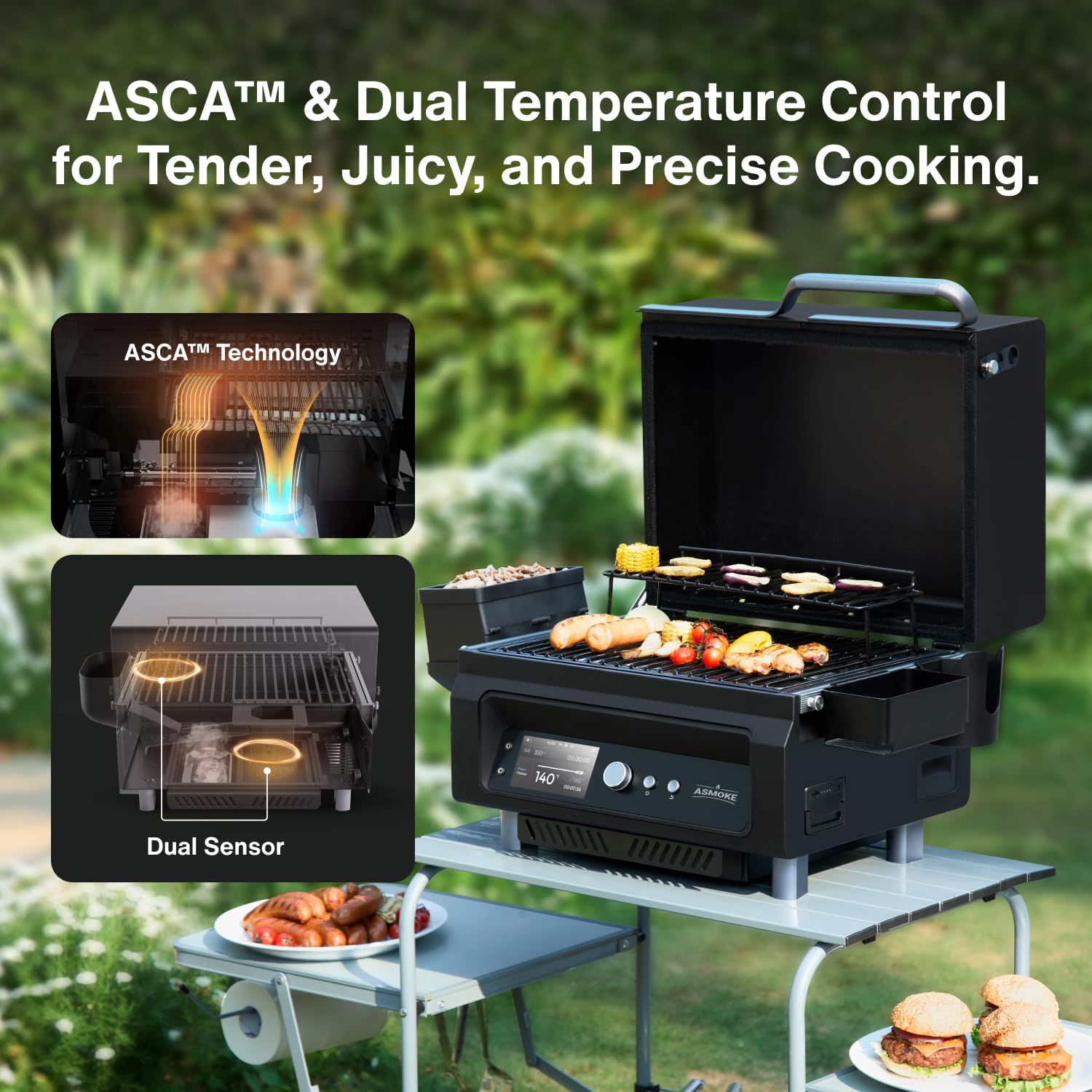ASMOKE Essential– Guga’s Pick | Smart Portable Wood Pellet Grill & Smoker with 5" LCD Screen, 8-in-1 Grill,8H Battery, Effortless Cleaning, Wi-Fi Smart Control, 271 sq.in,Fit for Family BBQ