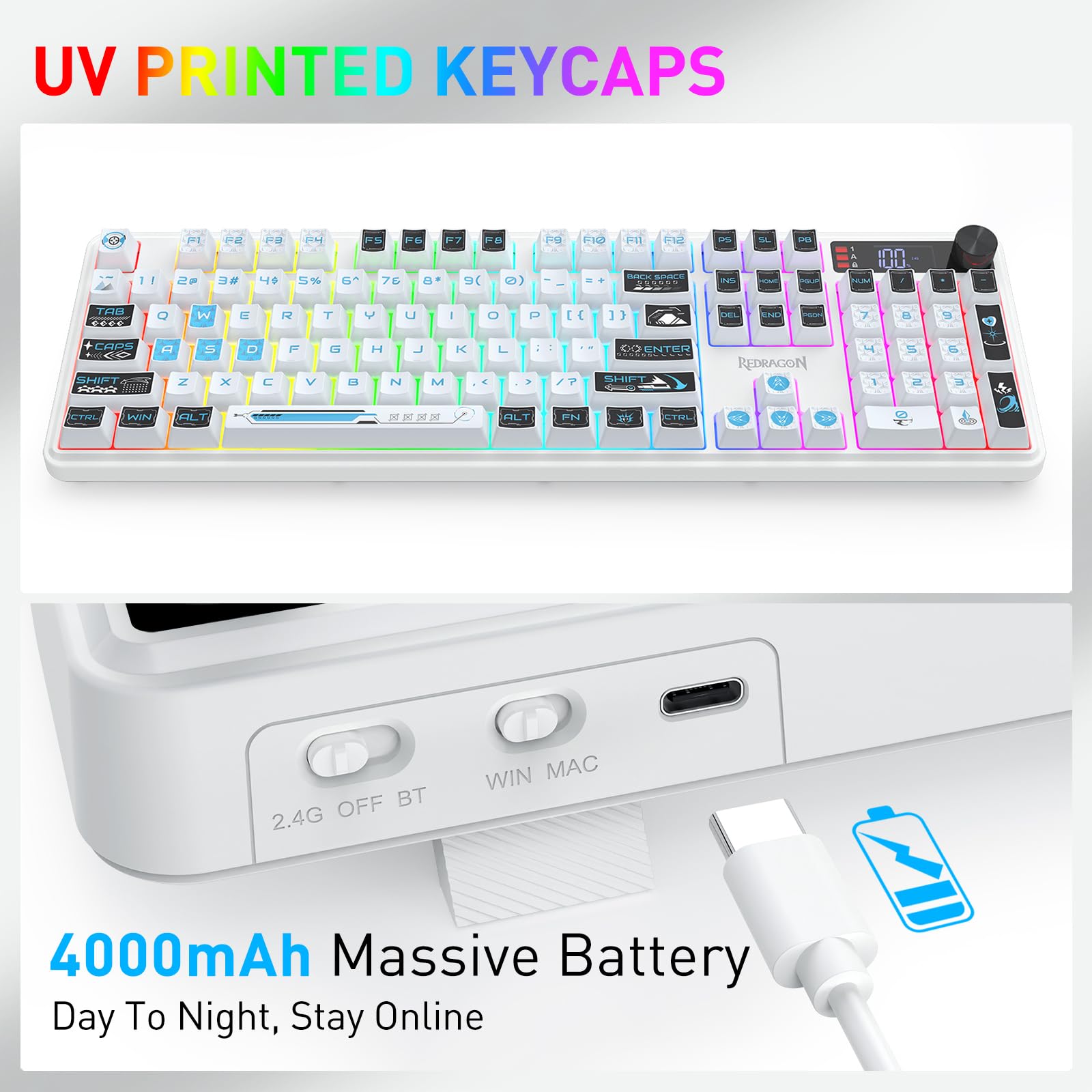Redragon K526 Pro RGB Teclado Gaming Inalámbrico 104 Teclas Tacto Mecánico | Pantalla Información LED Control Perilla Retroiluminada Interruptor Lineal Suave Amplia Compatibilidad