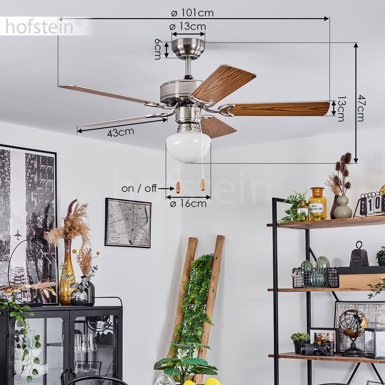 Wentylator sufitowy Apiao, lampa sufitowa z metalu/MDF/szkła w kolorze srebrnym/optyka drewna/brązowym/białym, 1 x E27, bez żarówki, z wyłącznikiem sznurkowym, z odwracanymi łopatkami wirnika