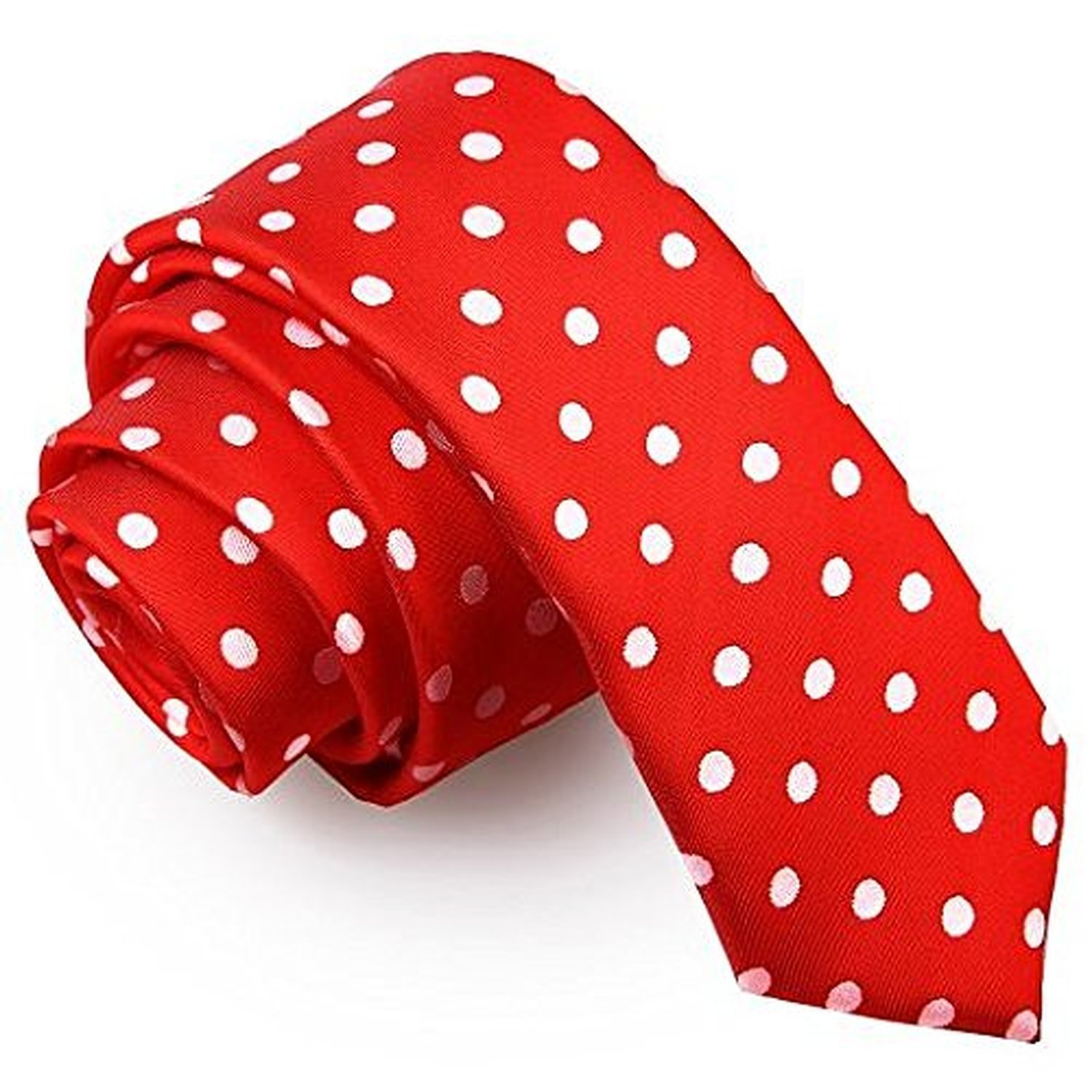 DQT Mens Polka Dot Skinny Tie – 5cm Slim Necktie for Wedding, Business & Formal Wear - Red