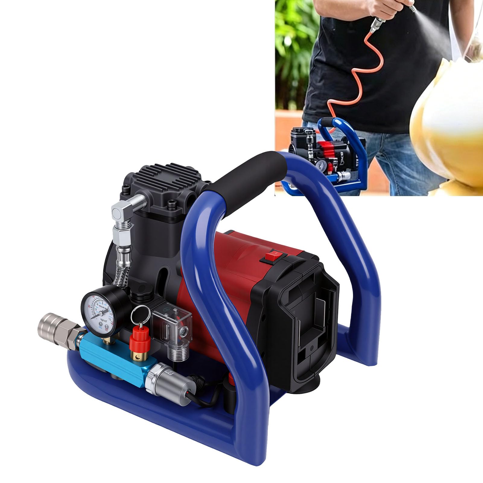 Fafeicy Compressore D'Aria Senza Fili, Motore Brushless da 350 W Serbatoio da 1,5 L Avvio Automatico da 8 Bar con 3 Ugelli per Gonfiaggio Pneumatici Lavorazione del Legno Verniciatura